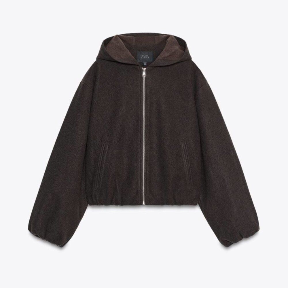 ZARA Elastic Hem Hoodie Zip Up Jacket Women's Size Large Brown Hooded Crop Felt